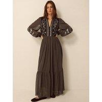 Monsoon Womens Embroidered Button Front Maxi Dress - Brown