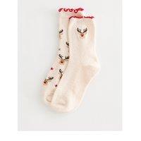 New Look Womens 2 Pack Reindeer Embroidered Frill Cosy Socks - Cream