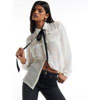 River Island Womens Main Collection Ruffle Tie Neck Blouse - White