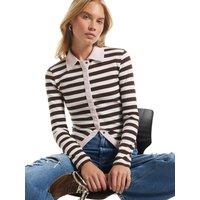 River Island Womens Ribbed Stripe Popper Front Polo Shirt - Brown
