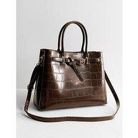 New Look Faux Leather Belted Crocodile Embossed Tote Bag - Brown