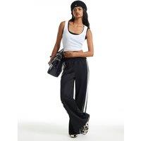River Island Popper Side Split Contrast Stripe Wide Leg Trousers - Black