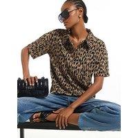 River Island Leopard Print Jacquard Polo Top - Brown
