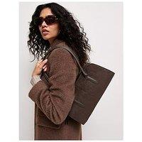 New Look Womens Mixed Texture Zip-Top Structured Shoulder Bag - Brown