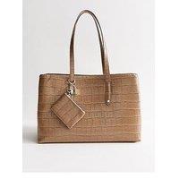 New Look Faux Leather Crocodile Embossed Triple Compartment Shopper Tote Bag - Brown
