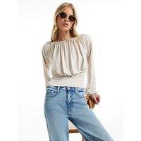 River Island Long Sleeve Ruched Neck Top - Beige