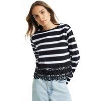River Island Womens Striped Lace Hem Long Sleeve Blouse - Black