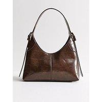 New Look Faux Leather Crocodile Embossed Buckle Shoulder Bag - Brown