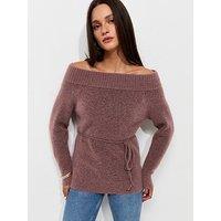 New Look Knitted Bardot Tie Waist Top - Pink