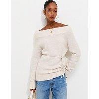 New Look Knitted Bardot Tie Waist Top - Cream
