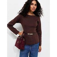New Look Belted Slash Neck Jumper - Brown