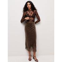 New Look Womens Velvet Lace Trim Midi Skirt - Brown