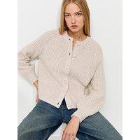 New Look Ribbed Raglan Crew Neck Cardigan - Beige