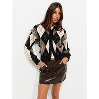 New Look Womens Argyle Button-Through Crew Neck Cardigan - Black