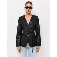 New Look Faux Leather Collarless Tie Waist Blazer - Black