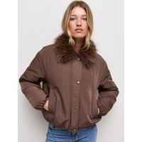 New Look Womens Faux Fur Collar Padded Bomber Jacket - Brown