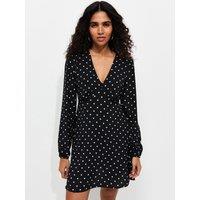 New Look Womens Tie-Back V-Neck Polka Dot Mini Dress - Black