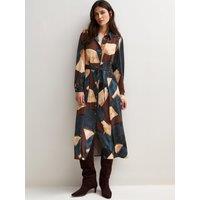 New Look Womens Tie Waist Satin Printed Shirt Midi Dress - Brown