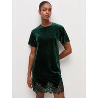 New Look Womens Velvet Lace Trim T-Shirt Mini Dress - Green