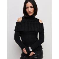 New Look Womens Ribbed Funnel Neck Cold Shoulder Jumper - Black