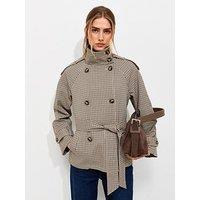 New Look Check High Neck Belted Mac Jacket - Brown