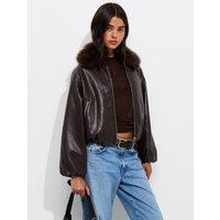 New Look Womens Faux Fur Collar Faux Leather Bomber Jacket - Brown