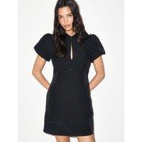New Look Womens Puff Sleeve Gem Embellished Keyhole Mini Dress - Black