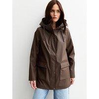 New Look Water Resistant Drawstring Hood Rain Anorak - Brown