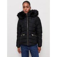 New Look Faux Fur Hooded Puffer Jacket - Black