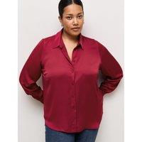 New Look Womens Satin Button-Through Long Sleeve Shirt - Red