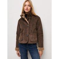 New Look Womens Faux Shearling Lined Suede-Look Short Coat - Brown