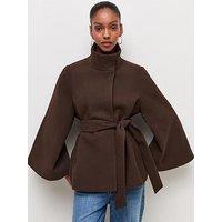 New Look Wide Sleeve Belted Cape Jacket - Brown