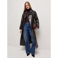 New Look Faux Leather Crocodile Texture Longline Trench Coat - Brown