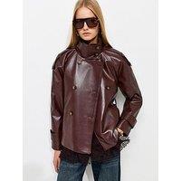 New Look Faux Leather Funnel Neck Belted Jacket - Brown