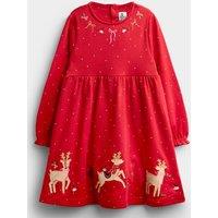 Jojo Maman Bebe Girls Reindeer Applique Hem Jersey Dress (12 Months - 5 Years) - Red