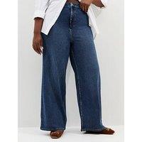 New Look Curves High Waist Stretch Denim Wide Leg Jeans - Blue