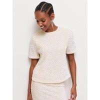 New Look Womens Velvet Sequin Keyhole T-Shirt - Cream