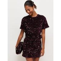 New Look Womens Relaxed Sequin Velvet Lined T-Shirt - Burgundy