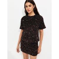 New Look Dark Brown Sequin Velvet Short Sleeve Top