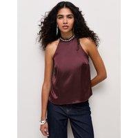 New Look Womens Embellished Halterneck Satin Blouse - Dark Red