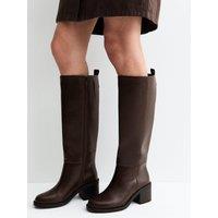 New Look Womens Faux Leather Block Heel Knee High Boots - Brown