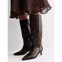 New Look Womens Croc Embossed Buckle Knee High Boots - Brown