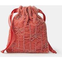 Accessorize Womens Velvet Beaded Bow Drawstring Bag - Pink
