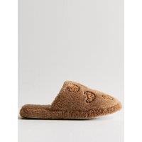 New Look Womens Fluffy Croissant Embroidered Mule Slippers - Brown