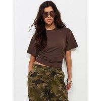 New Look Ruched Waist Crew Neck T-Shirt - Brown