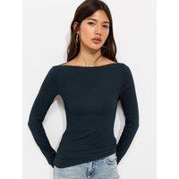 New Look Womens Ribbed Slash Neck Long Sleeve T-Shirt - Navy