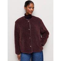 New Look Womens Borg Button-Through Collarless Jacket - Burgundy
