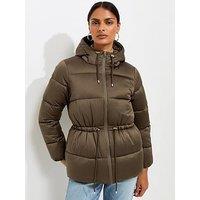 New Look Drawstring Waist Quilted Puffer Jacket - Green