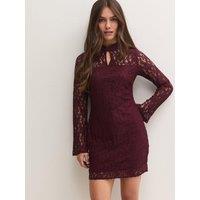 New Look Womens Petite Lace Overlay Keyhole Mini Dress - Burgundy