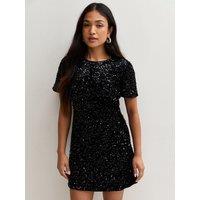 New Look Womens Petite Sequin Short Sleeve Shift Dress - Black